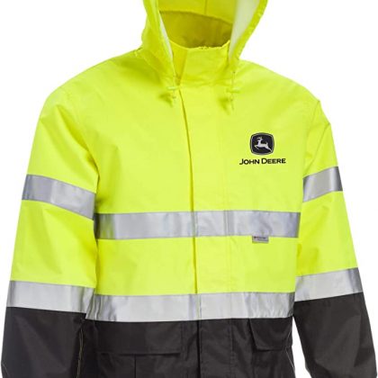 John Deere Unisex High Visability ANSI Class III Rain Suit Jacket and Bib with Color Block, High Visability, Water Resistant, and Reflective 3M Tape, Yellow, Black, Large (JD44530/L)